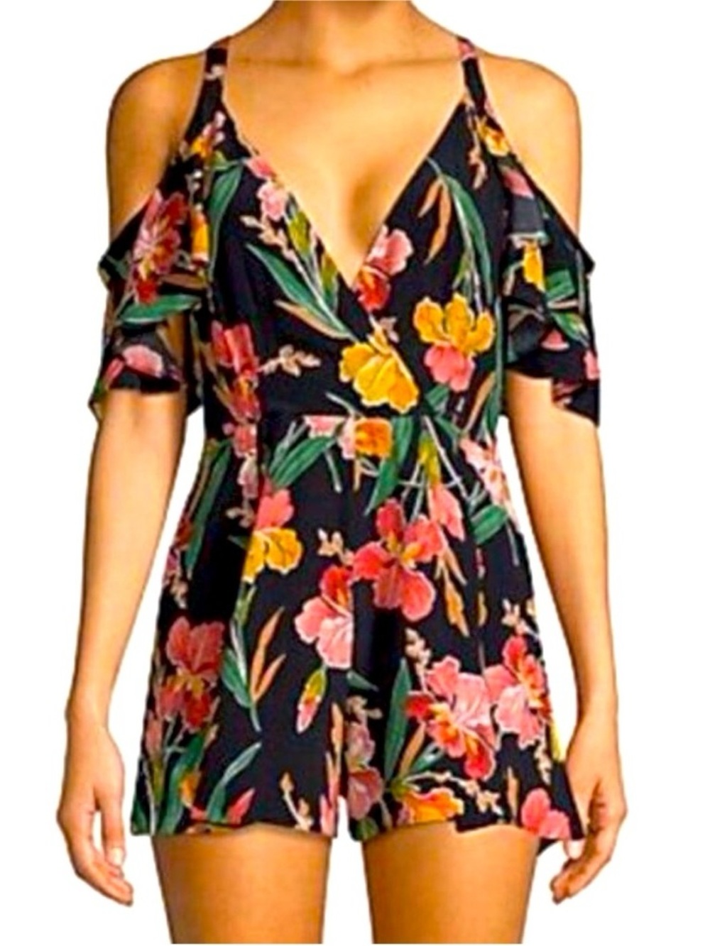 Privacy Please Black Cold-Shoulder Mini Dress with Pink and Yellow Florals